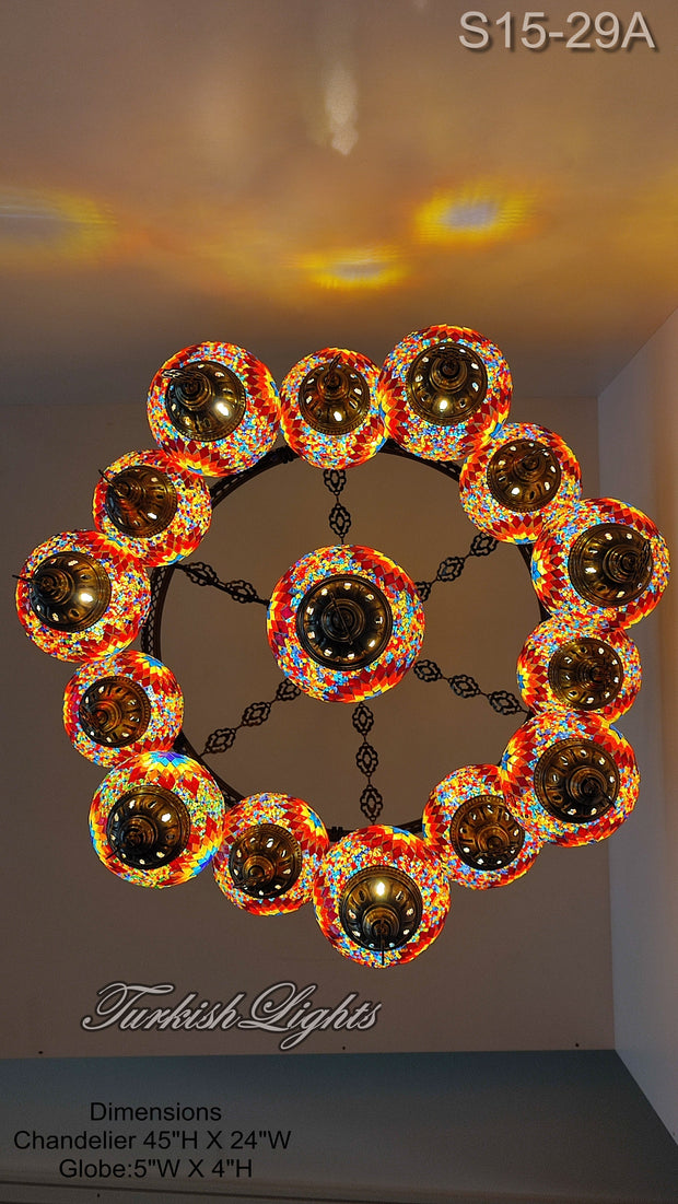 15-BALL TURKISH SULTAN MOSAIC CHANDELIER, MEDİUM GLOBES ID: S15-29A