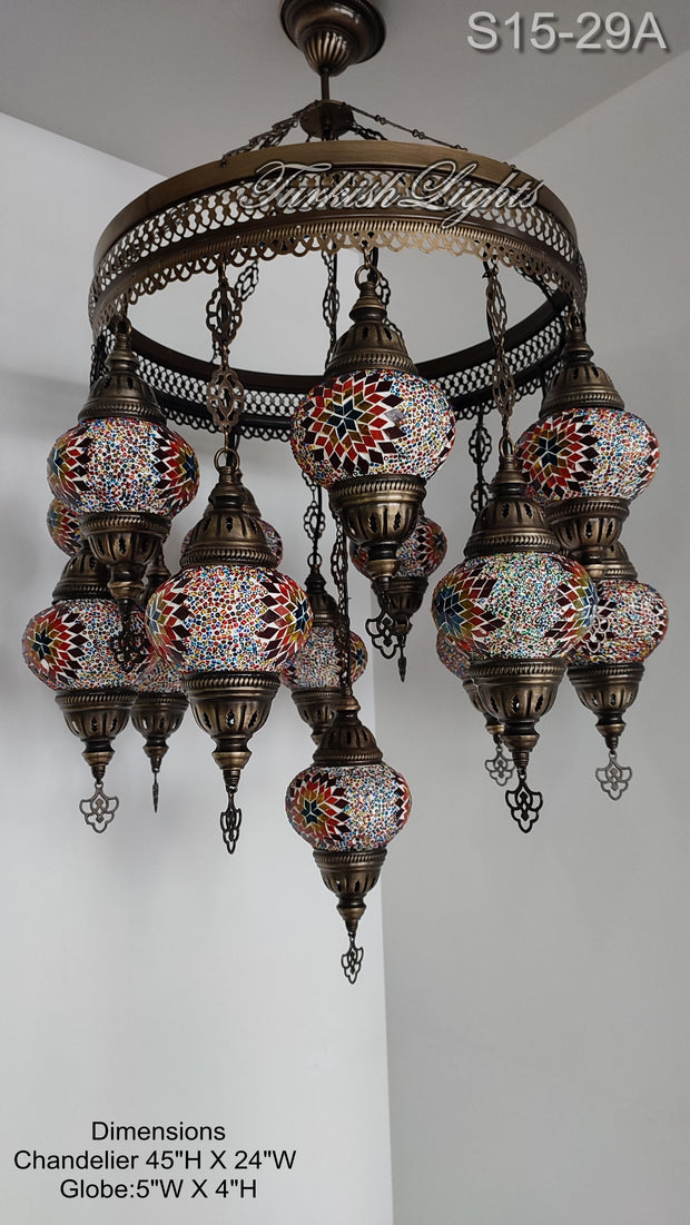 15-BALL TURKISH SULTAN MOSAIC CHANDELIER, MEDİUM GLOBES ID: S15-29A