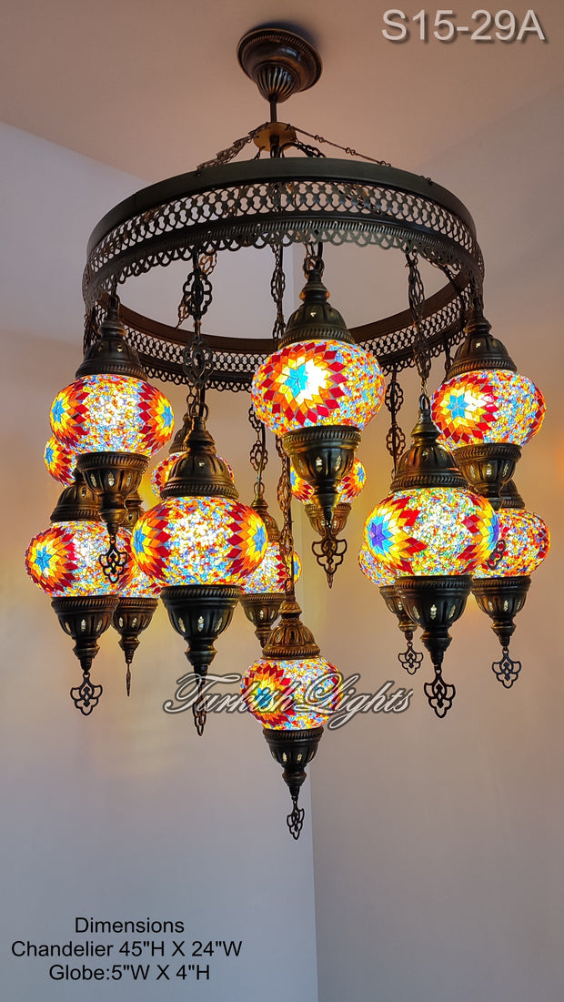 15-BALL TURKISH SULTAN MOSAIC CHANDELIER, MEDİUM GLOBES ID: S15-29A