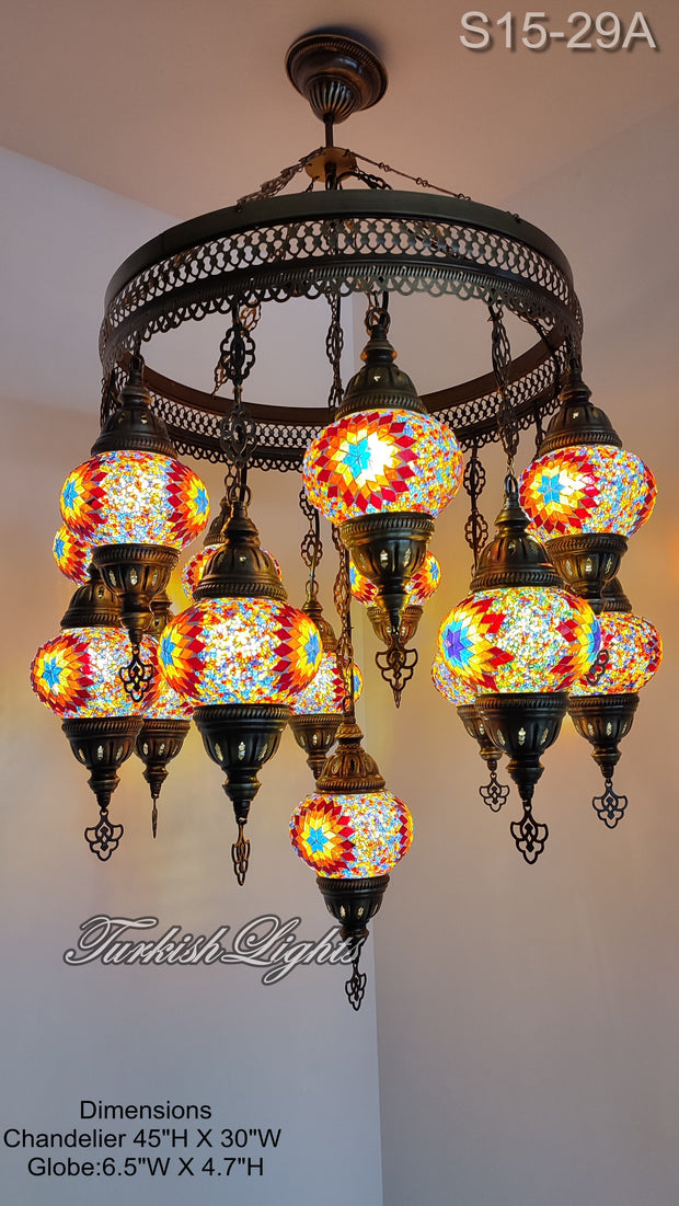 15-BALL TURKISH SULTAN MOSAIC CHANDELIER, MEDİUM GLOBES 15 TO CHOOSE