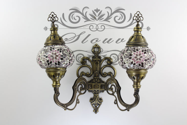 Turkish Mosaic Double Wall Sconce, With Medium Globes, Upward - TurkishLights.NET