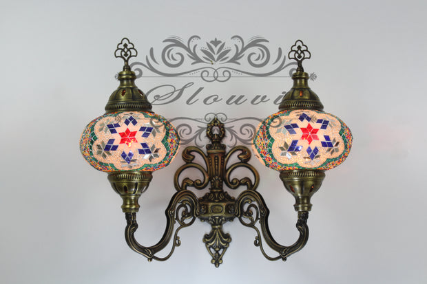 Turkish Mosaic Double Wall Sconce, With Large Globes, Upward - TurkishLights.NET