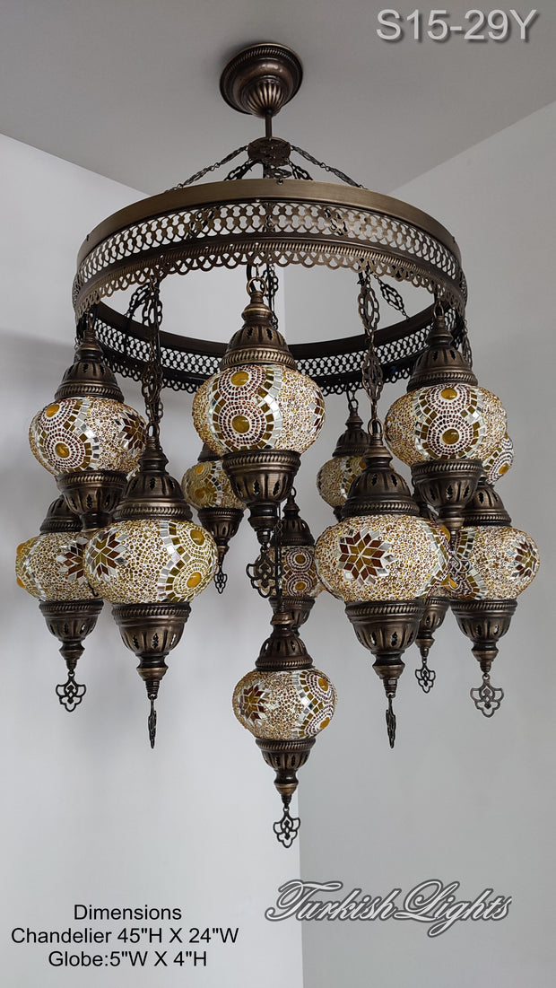 15-BALL TURKISH SULTAN MOSAIC CHANDELIER, MEDİUM GLOBES ID: S15-29Y