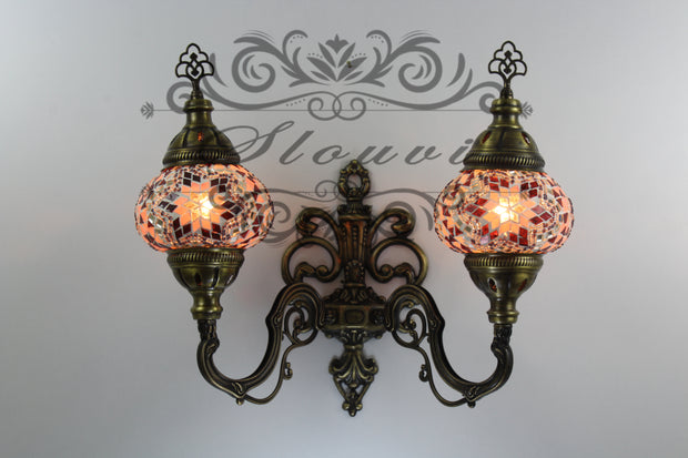 Turkish Mosaic Double Wall Sconce, With Medium Globes, Upward - TurkishLights.NET