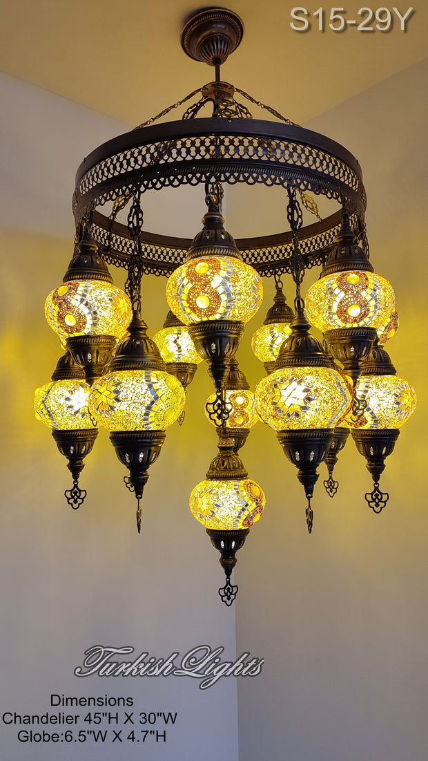 15-BALL TURKISH SULTAN MOSAIC CHANDELIER, MEDİUM GLOBES 15 TO CHOOSE