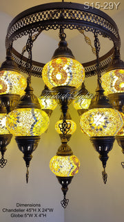 15-BALL TURKISH SULTAN MOSAIC CHANDELIER, MEDİUM GLOBES ID: S15-29Y