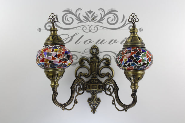 Turkish Mosaic Double Wall Sconce, With Medium Globes, Upward - TurkishLights.NET