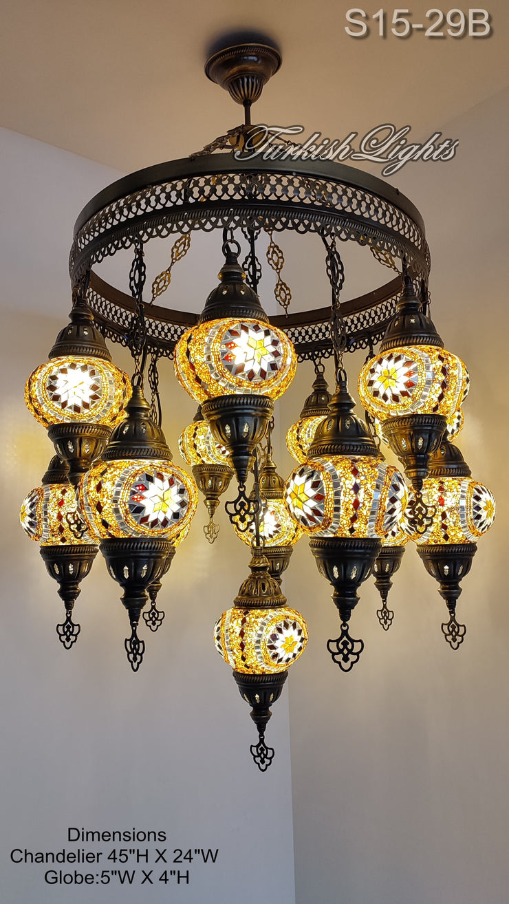 15-BALL TURKISH SULTAN MOSAIC CHANDELIER, MEDİUM GLOBES ID: S15-29B