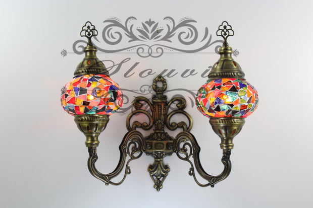 Turkish Mosaic Double Wall Sconce, With Medium Globes, Upward - TurkishLights.NET