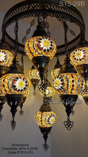 15-BALL TURKISH SULTAN MOSAIC CHANDELIER, MEDİUM GLOBES ID: S15-29B