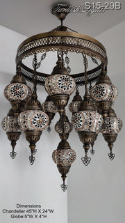 15-BALL TURKISH SULTAN MOSAIC CHANDELIER, MEDİUM GLOBES ID: S15-29B