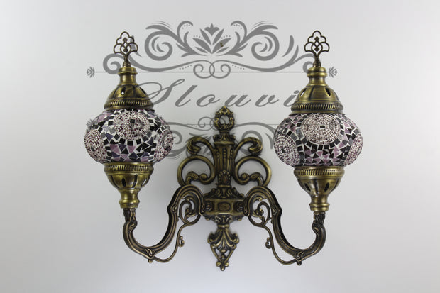 Turkish Mosaic Double Wall Sconce, With Medium Globes, Upward - TurkishLights.NET