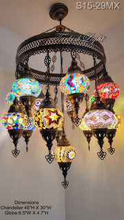 15-BALL TURKISH SULTAN MOSAIC CHANDELIER, MEDİUM GLOBES 15 TO CHOOSE