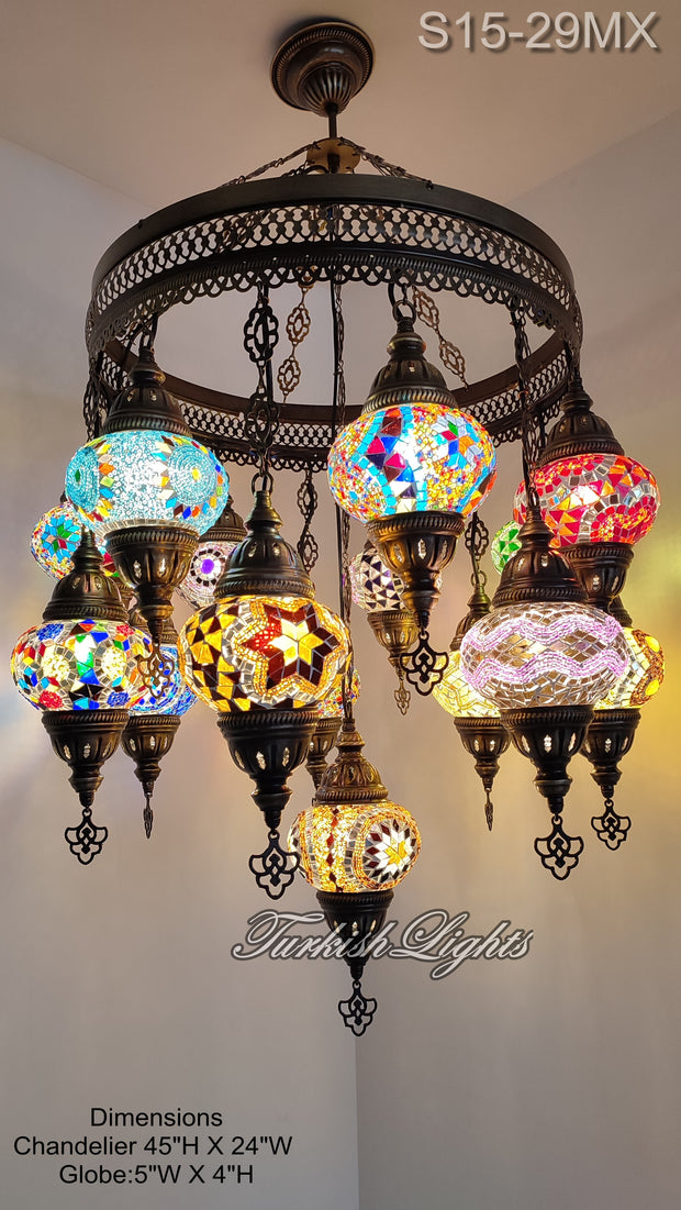 15-BALL TURKISH SULTAN MOSAIC CHANDELIER, MEDİUM GLOBES ID: S15-29MX