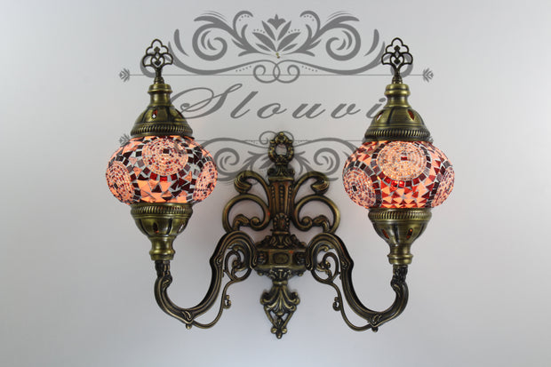 Turkish Mosaic Double Wall Sconce, With Medium Globes, Upward - TurkishLights.NET