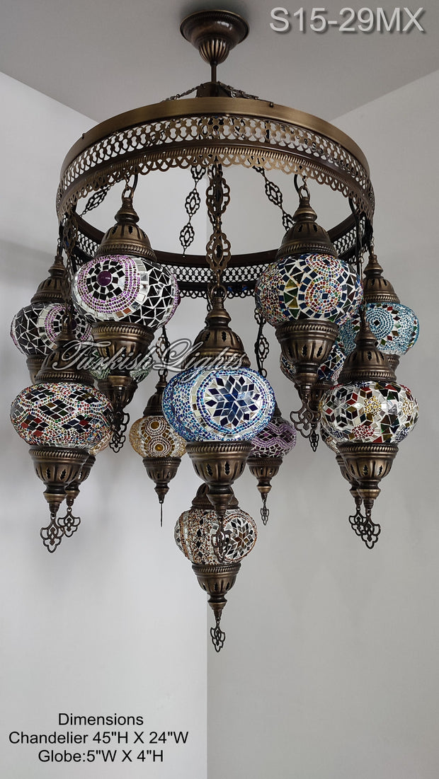 15-BALL TURKISH SULTAN MOSAIC CHANDELIER, MEDİUM GLOBES ID: S15-29MX