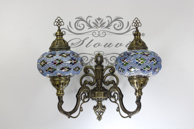 Turkish Mosaic Double Wall Sconce, With Large Globes, Upward - TurkishLights.NET