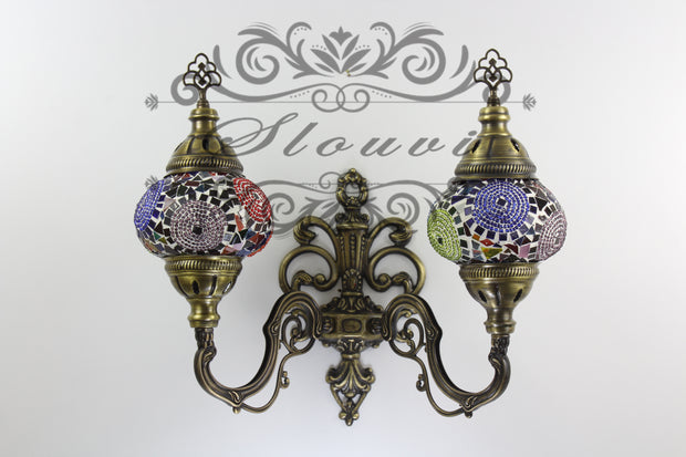 Turkish Mosaic Double Wall Sconce, With Medium Globes, Upward - TurkishLights.NET