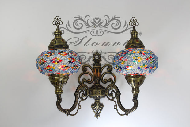 Turkish Mosaic Double Wall Sconce, With Large Globes, Upward - TurkishLights.NET