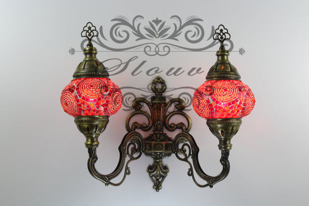 Turkish Mosaic Double Wall Sconce, With Medium Globes, Upward - TurkishLights.NET