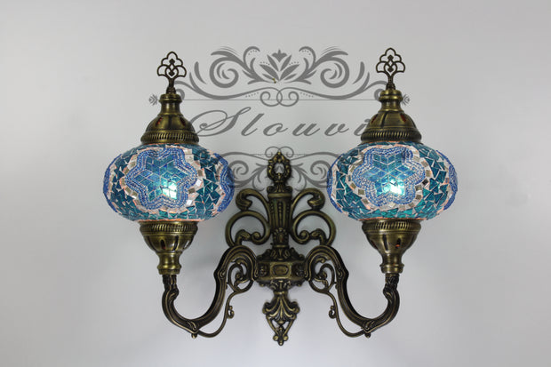 Turkish Mosaic Double Wall Sconce, With Large Globes, Upward - TurkishLights.NET