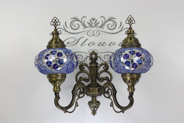 Turkish Mosaic Double Wall Sconce, With Large Globes, Upward - TurkishLights.NET