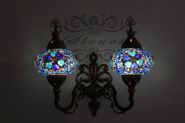 Turkish Mosaic Double Wall Sconce, With Large Globes, Upward - TurkishLights.NET