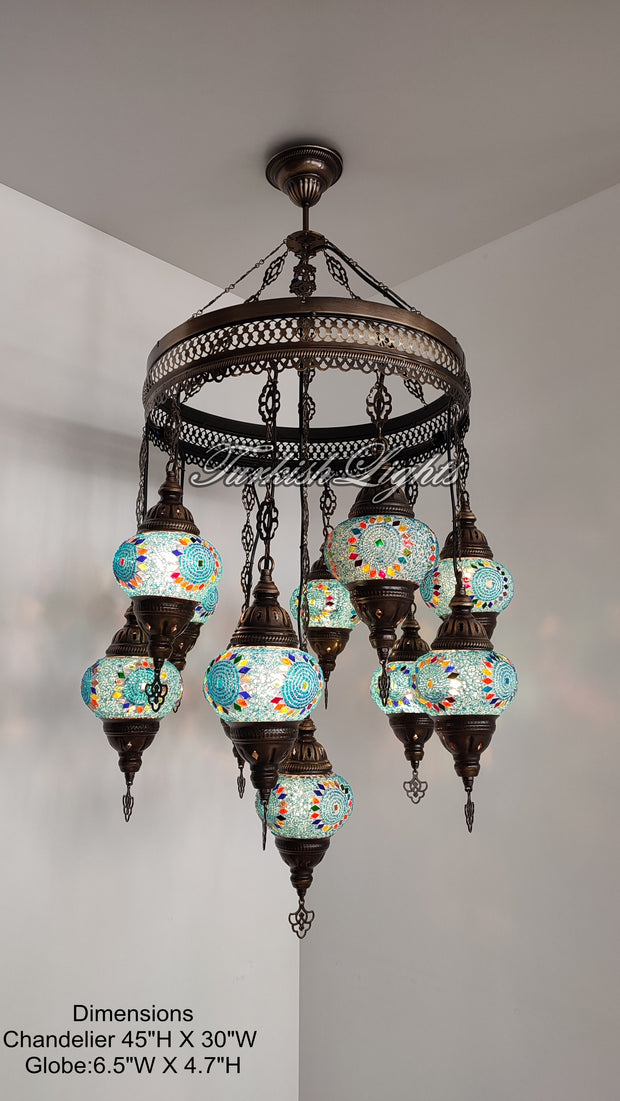 15-BALL TURKISH SULTAN MOSAIC CHANDELIER, MEDİUM GLOBES ID: S15-20