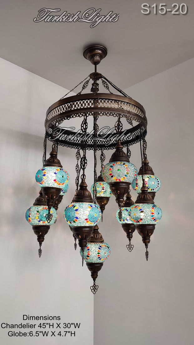 15-BALL TURKISH SULTAN MOSAIC CHANDELIER, MEDİUM GLOBES 15 TO CHOOSE