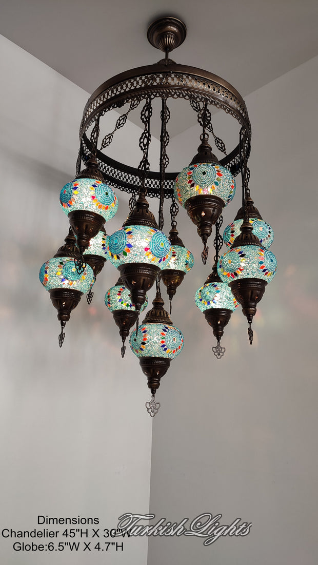 15-BALL TURKISH SULTAN MOSAIC CHANDELIER, MEDİUM GLOBES ID: S15-20