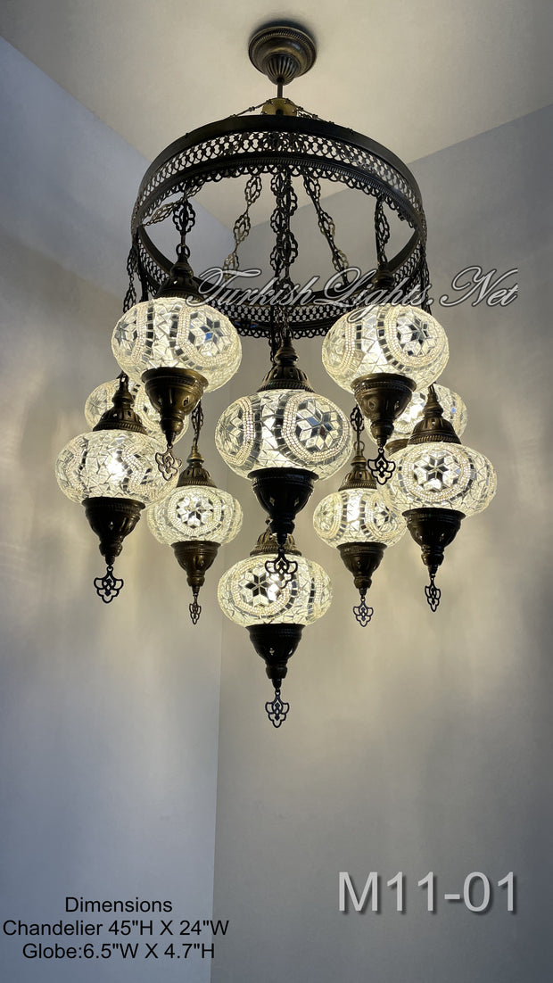 11-BALL TURKISH SULTAN MOSAIC CHANDELIER, LARGE GLOBES 10 TO CHOOSE