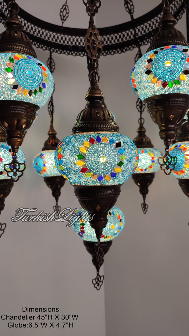 15-BALL TURKISH SULTAN MOSAIC CHANDELIER, MEDİUM GLOBES ID: S15-20