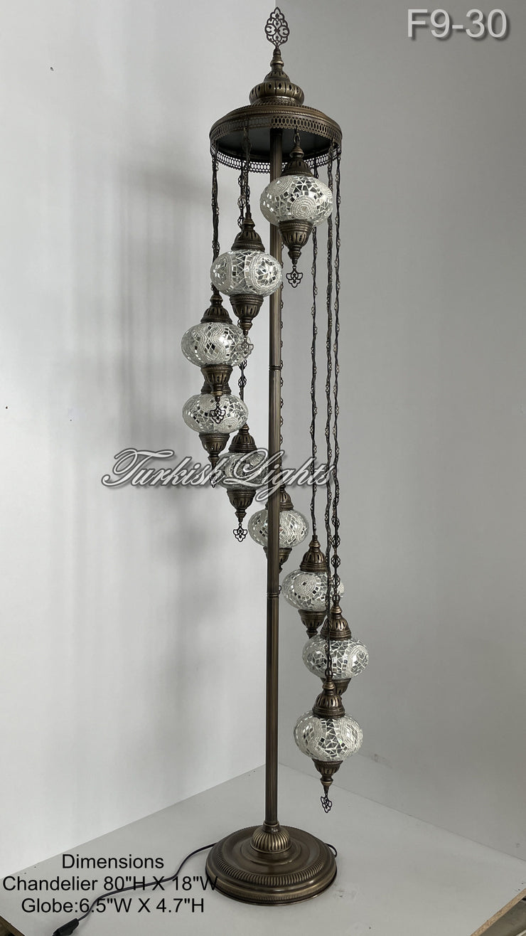 9 BALL TURKISH MOSAIC FLOOR LAMP WITH LARGE GLOBES ID: F9-30