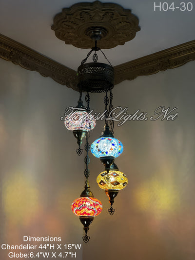 4 (L) BALL TURKISH WATER DROP MOSAIC CHANDELIER WİTH LARGE GLOBES 10 TO CHOOSE