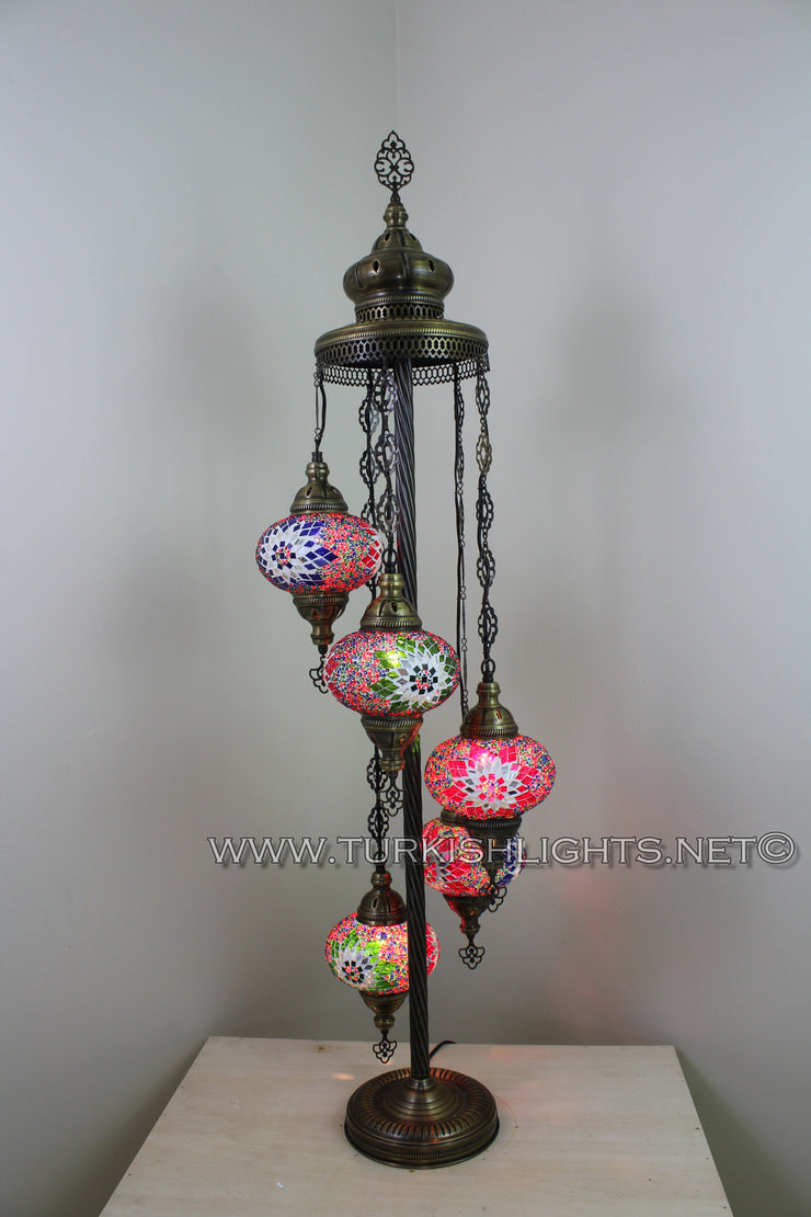 5 BALL TURKISH MOSAIC FLOOR LAMP WITH LARGE GLOBES, LAMBADER - TurkishLights.NET