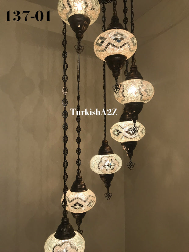 Turkish Mosaic Chandelier with 7 Large- BALL (Swag cable option),ID: 137 - TurkishLights.NET