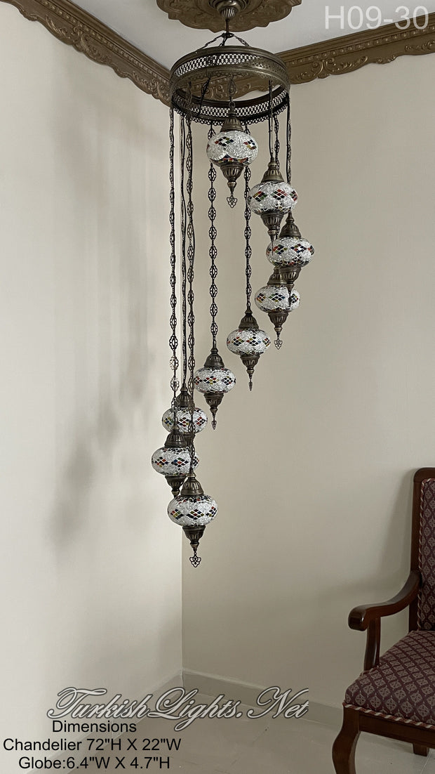 9 (L) BALL TURKISH WATER DROP MOSAIC CHANDELIER WİTH LARGE GLOBES H09-30