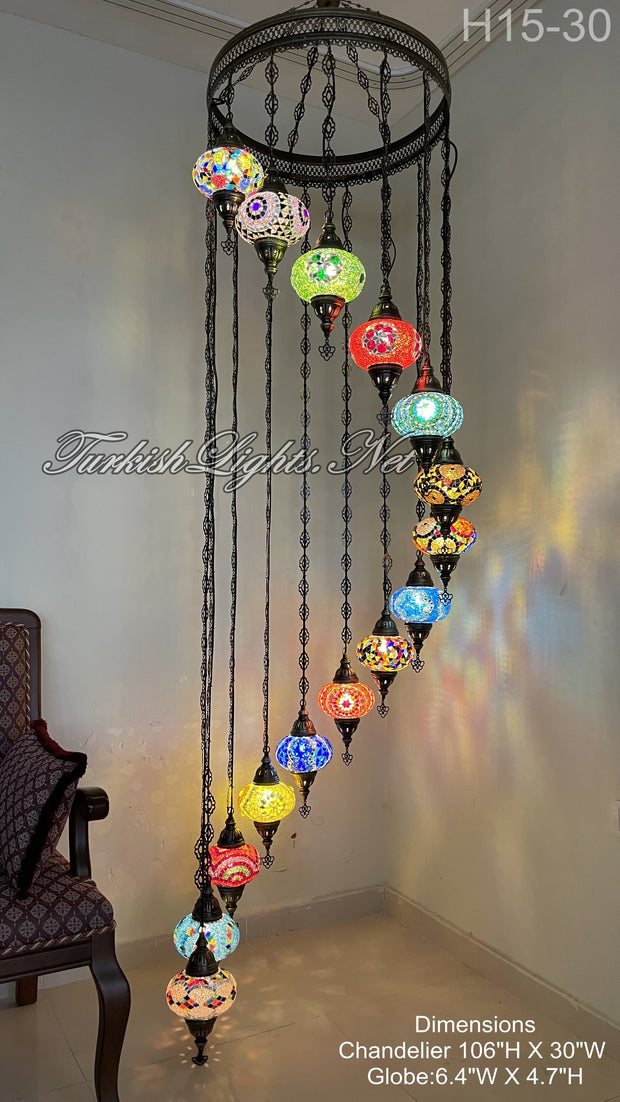 15-BALL TURKISH WATER DROP MOSAIC CHANDELIER MEDIUM GLOBES 8 TO CHOOSE