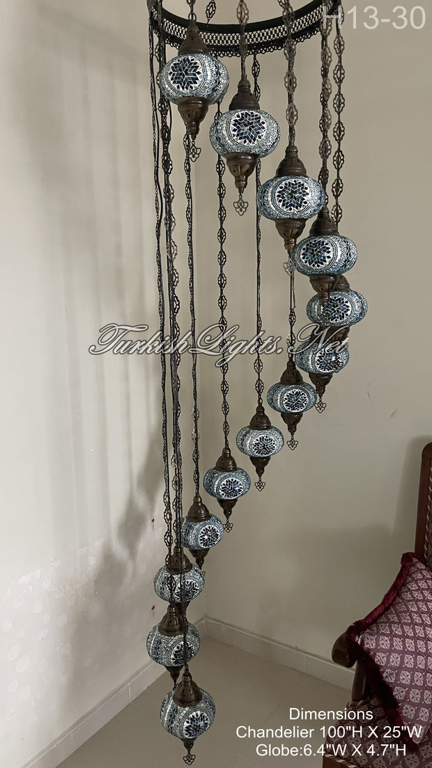 13 (L) BALL TURKISH WATER DROP MOSAIC CHANDELIER WİTH LARGE GLOBES H13-30