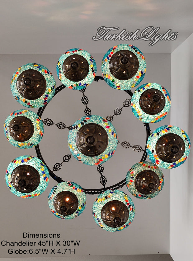 15-BALL TURKISH SULTAN MOSAIC CHANDELIER, MEDİUM GLOBES ID: S15-20