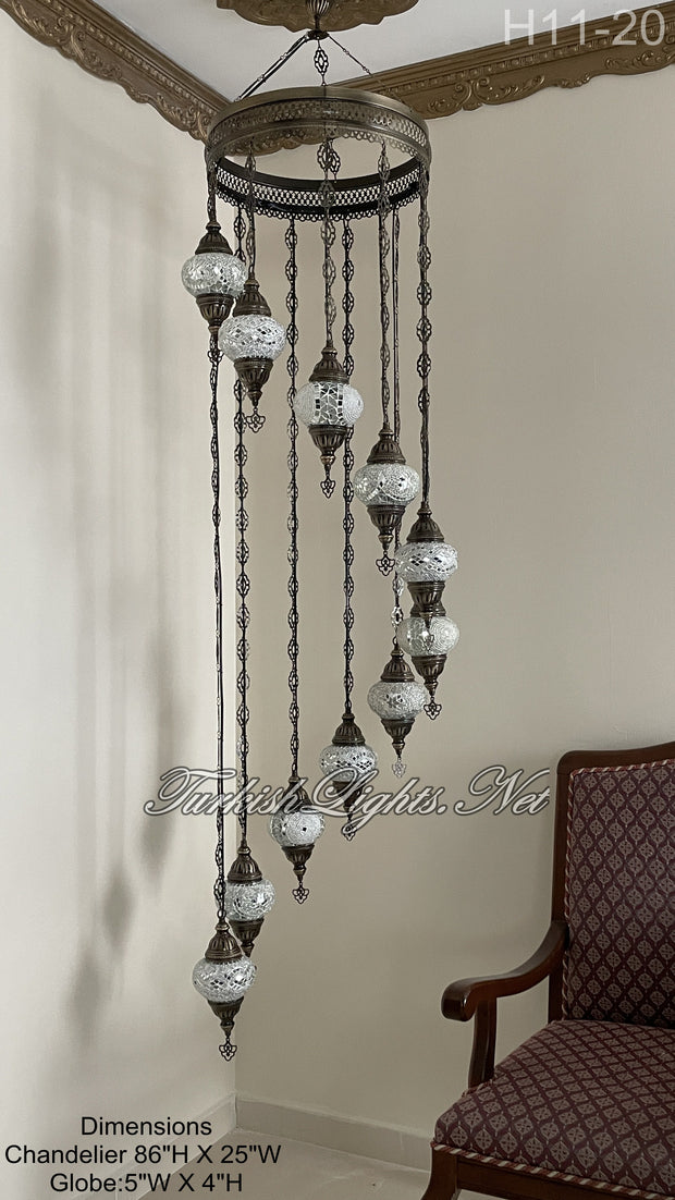 11 (M) BALL TURKISH WATER DROP MOSAIC CHANDELIER WİTH MEDIUM GLOBES H11-20