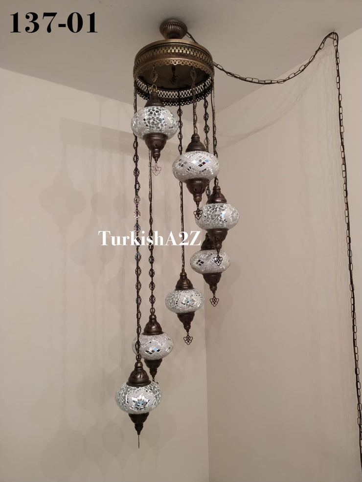 Turkish Mosaic Chandelier with 7 Large- BALL (Swag cable option),ID: 137 - TurkishLights.NET