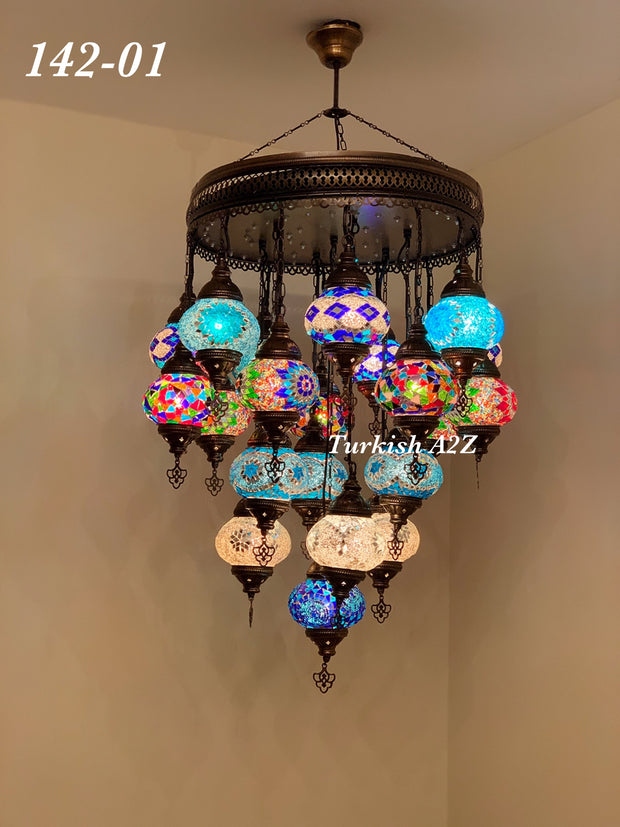 Turkish Mosaic Chandelier With 21 Medium Globes (with remote) ,ID: 142, FREE SHIPPING - TurkishLights.NET