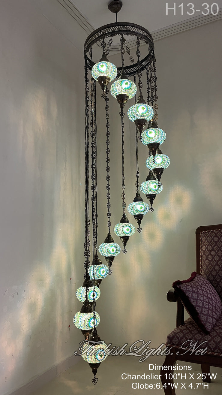 13 (L) BALL TURKISH WATER DROP MOSAIC CHANDELIER WİTH LARGE GLOBES H13-30