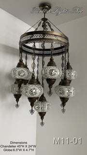 11-BALL TURKISH SULTAN MOSAIC CHANDELIER, LARGE GLOBES ID: M11-01