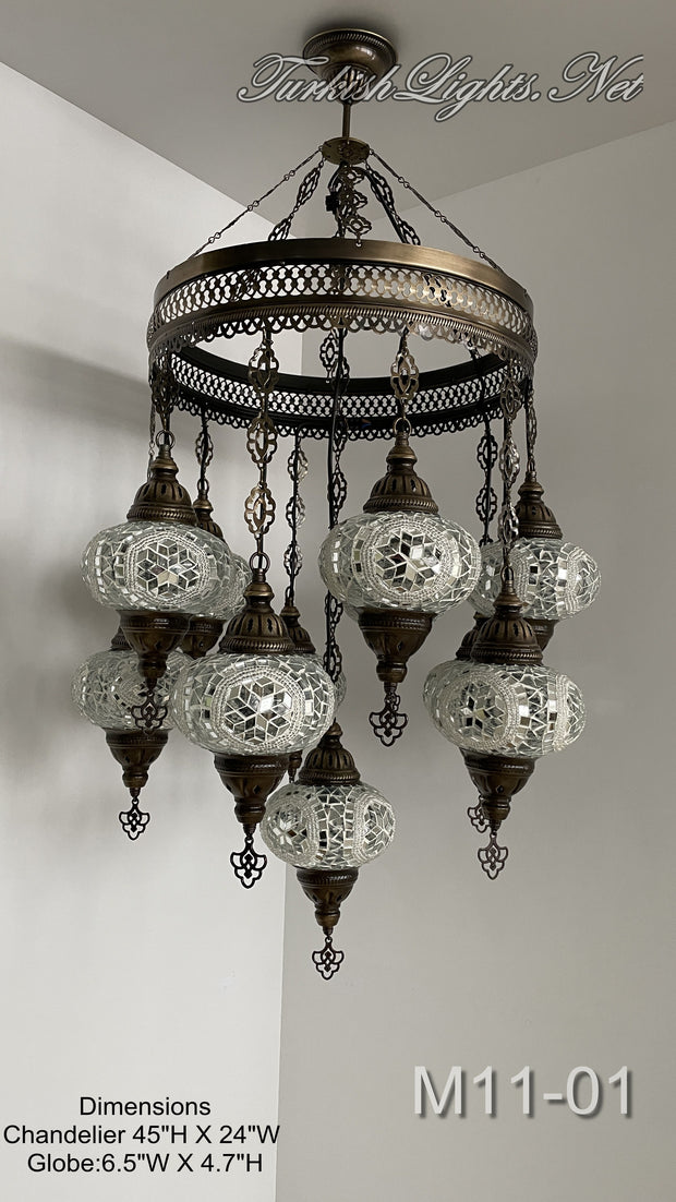 11-BALL TURKISH SULTAN MOSAIC CHANDELIER, LARGE GLOBES ID: M11-01