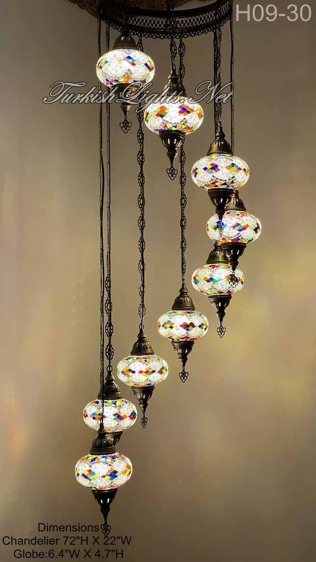 9 (L) BALL TURKISH WATER DROP MOSAIC CHANDELIER WİTH LARGE GLOBES H09-30
