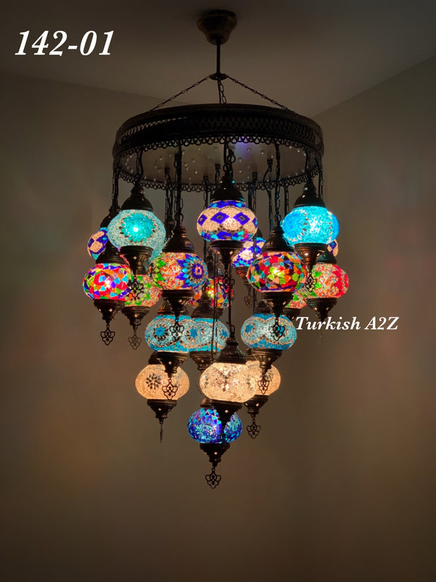 Turkish Mosaic Chandelier With 21 Medium Globes (with remote) ,ID: 142, FREE SHIPPING - TurkishLights.NET