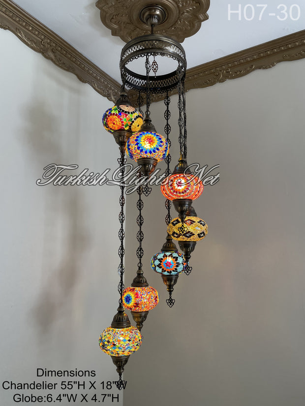 7 (L) BALL TUHRKISH WATER DROP MOSAIC CHANDELIER WİTH LARGE GLOBES H07-30
