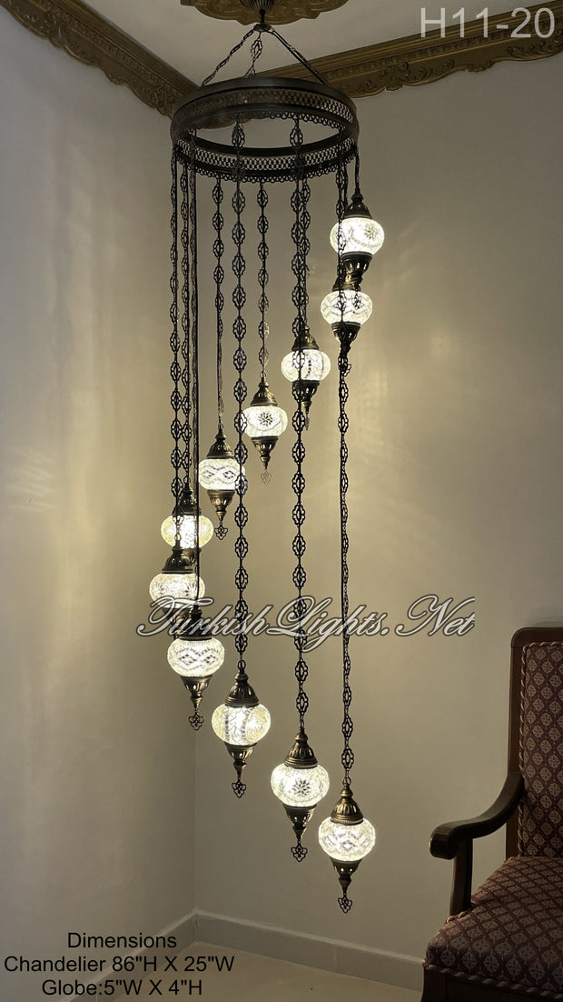 11 (M) BALL TURKISH WATER DROP MOSAIC CHANDELIER WİTH MEDIUM GLOBES H11-20